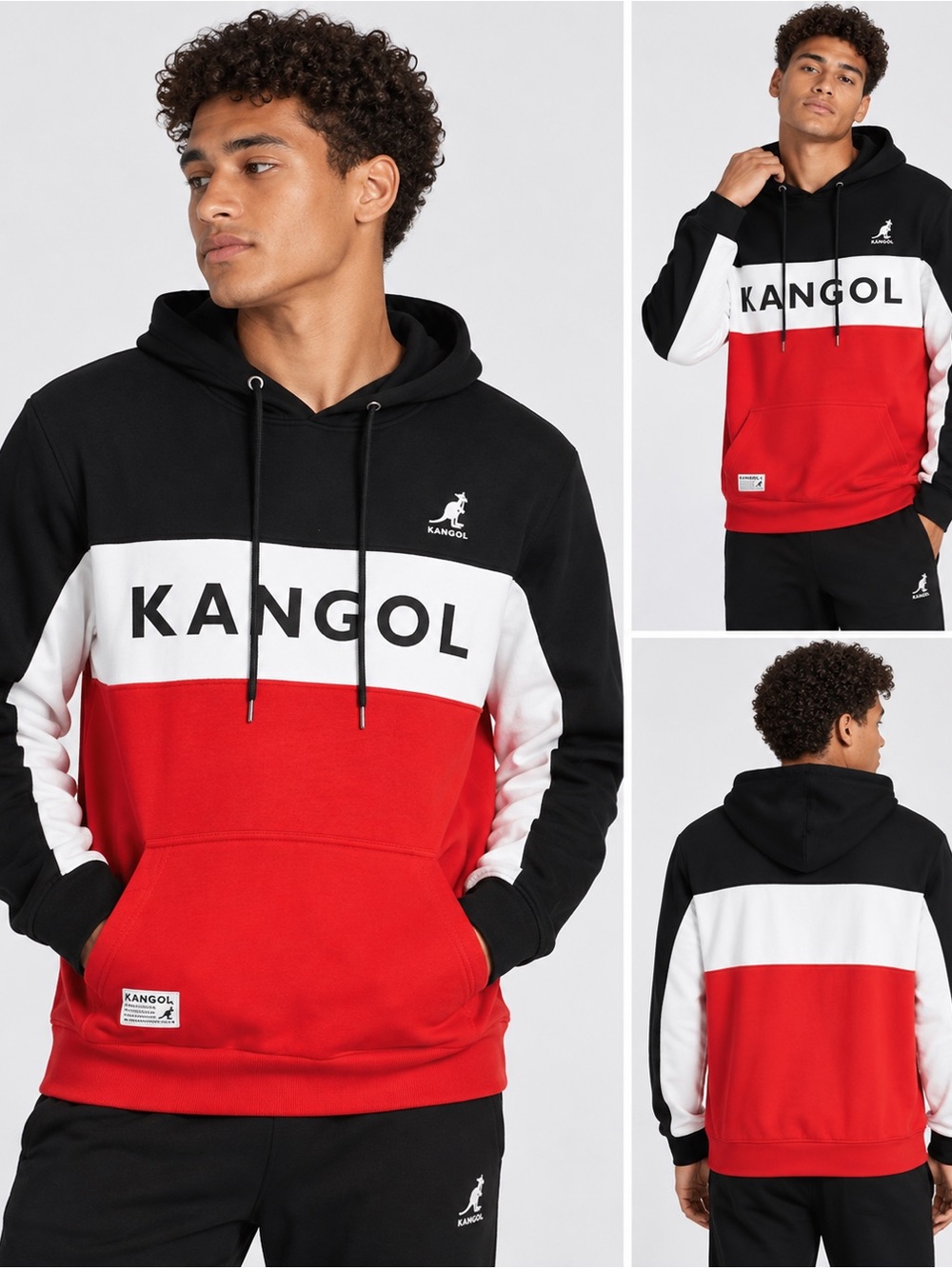 Kangol Men’s Colorblock Logo Pullover Hoodie Black Red White Small